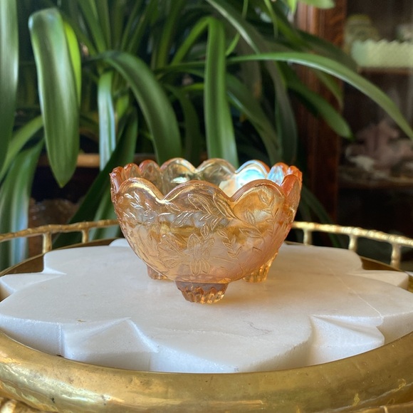 1950’s Jeannette Floragold Marigold Iridescent Carnival Glass Vintage Candy Dish - Picture 6 of 11